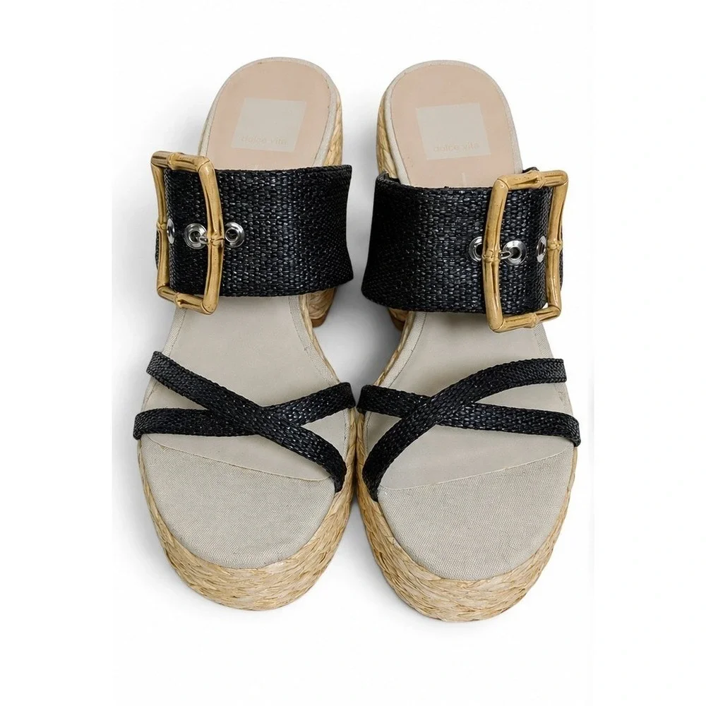 Dolce Vita Edwina Platform Black Raffia Woven Block Heel Bamboo Buckle Mules 9